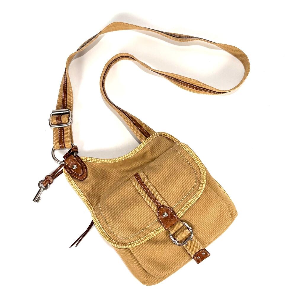 VTG Fossil Canvas Messenger Bag Khaki Tan Crossbody Bag Adjustable Strap Purse